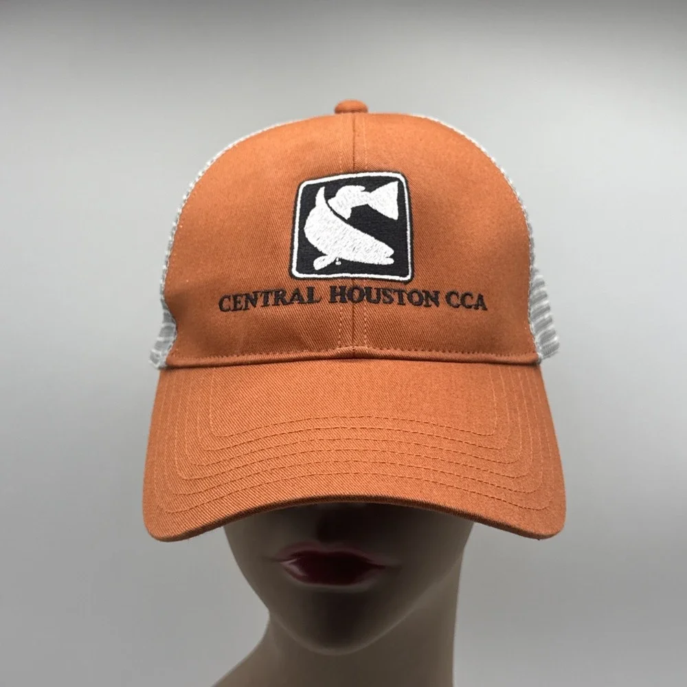 Simms Trucker Hat Cap Central Houston CCA Orange Mesh Fishing‎ Snapback